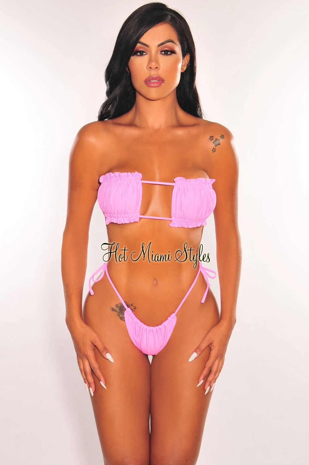 Hot Pink Ruched Bust Frill Padded Bandeau Bikini 3 Hot Pink Ruched Bust Frill Padded Bandeau Bikini