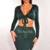 Hunter Green V Neck Long Sleeve Twist Rope Skirt Two Piece Set