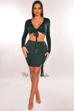 Hunter Green V Neck Long Sleeve Twist Rope Skirt Two Piece Set -rehab shop hunter green v neck long sleeve twist rope skirt two piece set hot miami styles 523604