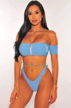 Iced Blue Textured Zipper Off Shoulder Bikini