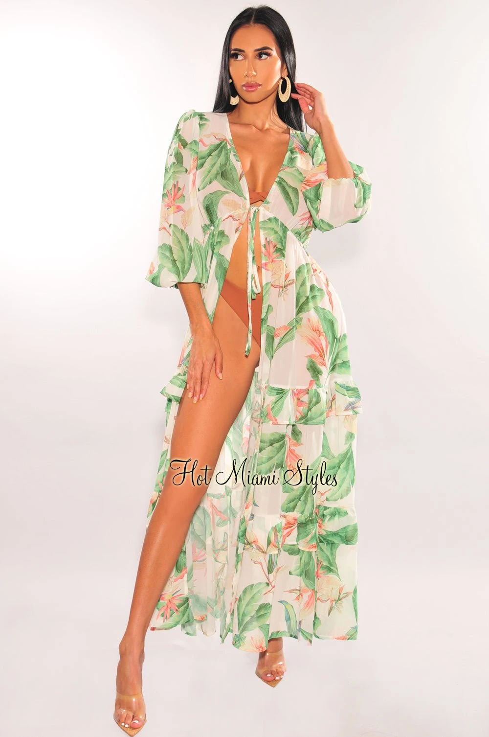 Ivory Palm Print Tie Up Long Sleeve Ruffle Cover Up 4 Ivory Palm Print Tie Up Long Sleeve Ruffle Cover Up - Image 2