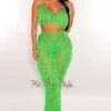 Kelly Green Crochet Halter Fringe Pants Two Piece Set Cover Up