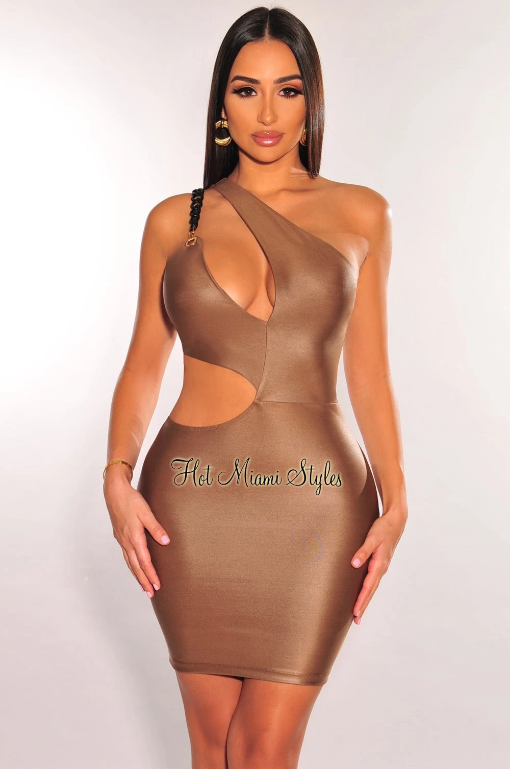 Latte Faux Leather Black Chain One Shoulder Cut Out Mini Dress 3 Latte Faux Leather Black Chain One Shoulder Cut Out Mini Dress