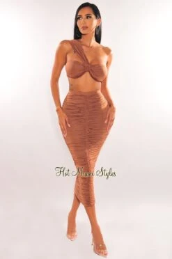 Latte One Shoulder Ruched Skirt Two Piece Set