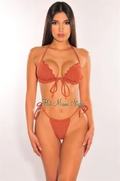 Latte Ribbed Padded Ruffle Tie Up Bikini