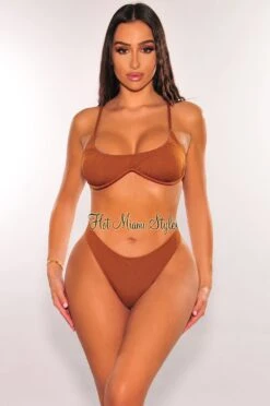 Latte Ribbed Padded Spaghetti Straps Underwire Bikini