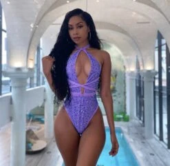 Lavender Iridescent Rhinestones Halter Multi Wear Swimsuit -rehab shop lavender iridescent rhinestones halter multi wear swimsuit hot miami styles 320343