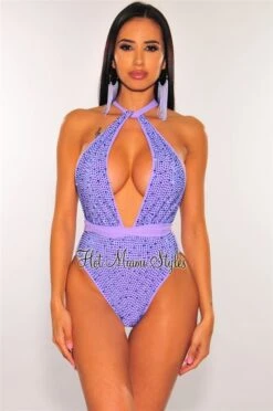 Lavender Iridescent Rhinestones Halter Multi Wear Swimsuit