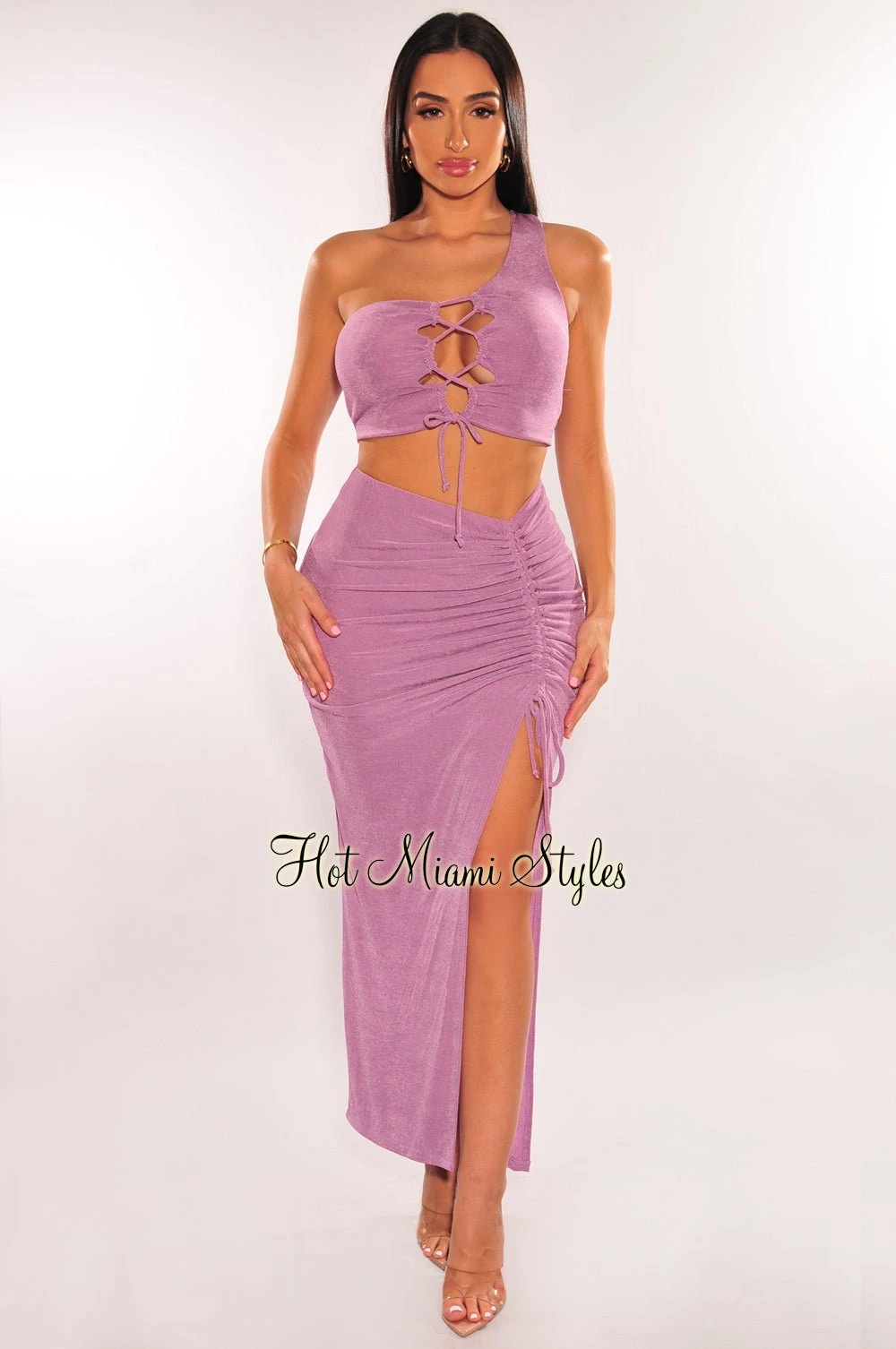 Lavender One Shoulder Lace Up Slit Skirt Two Piece Set 3 Lavender One Shoulder Lace Up Slit Skirt Two Piece Set