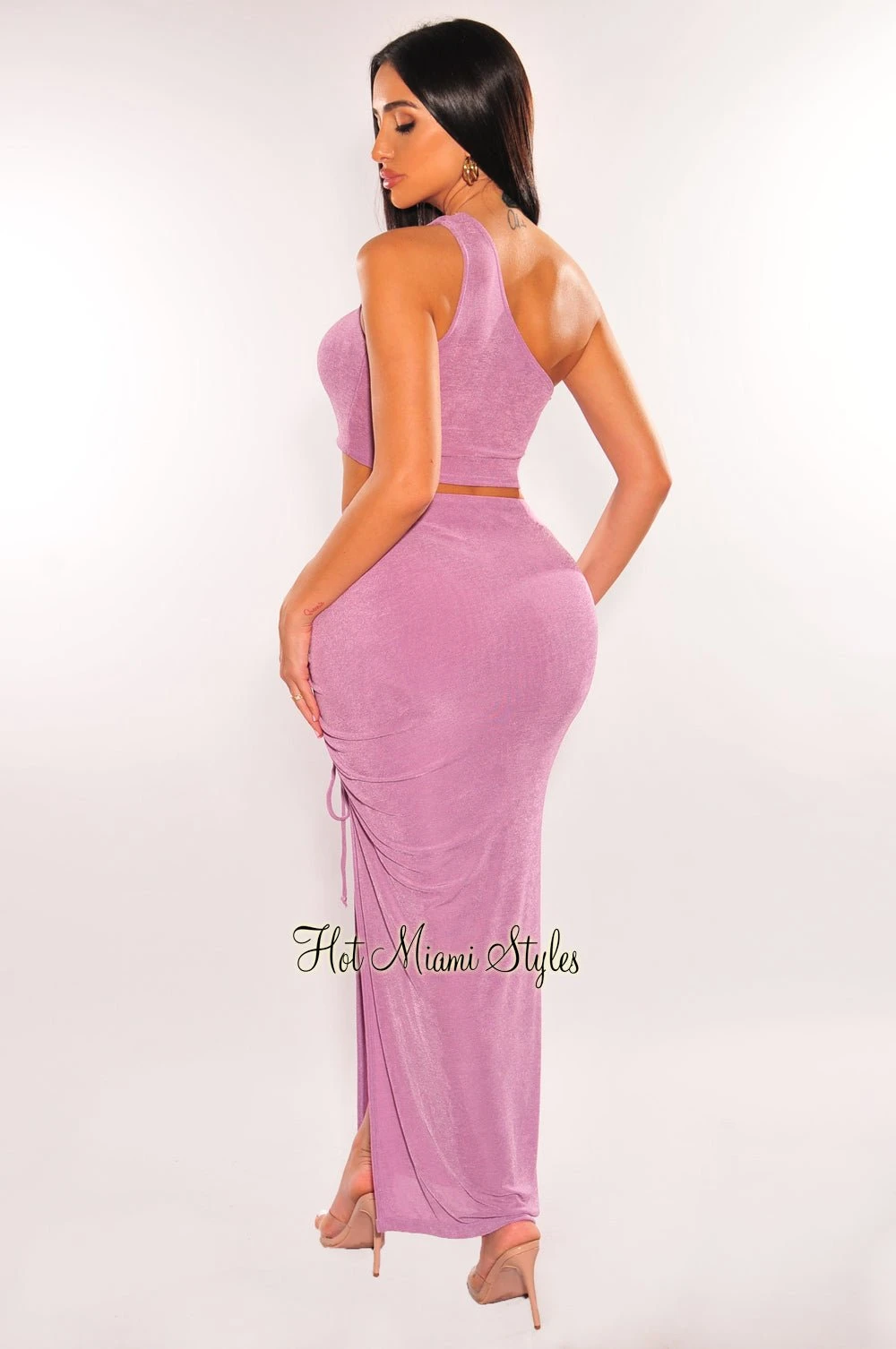Lavender One Shoulder Lace Up Slit Skirt Two Piece Set 4 Lavender One Shoulder Lace Up Slit Skirt Two Piece Set - Image 2