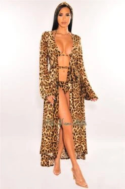 Leopard Print Long Sleeves Belted Maxi Cover Up