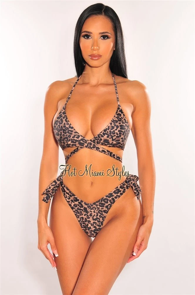 Leopard Print Padded Halter Wrap Tie Up Thong Bikini 3 Leopard Print Padded Halter Wrap Tie Up Thong Bikini