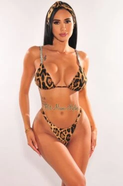 Leopard Print Silver Rhinestone Padded String Bikini