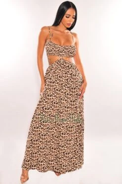 Leopard Print Spaghetti Straps Smocked Cut Out Maxi Dress -rehab shop leopard print spaghetti straps smocked cut out maxi dress hot miami styles 181776