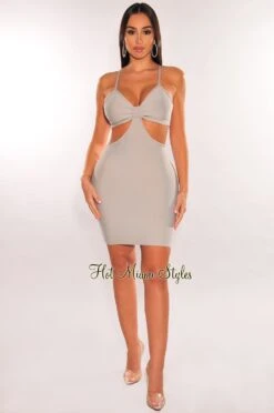 Light Gray Bandage Spaghetti Straps Knotted Cut Out Mini Dress -rehab shop light gray bandage spaghetti straps knotted cut out mini dress hot miami styles 379119