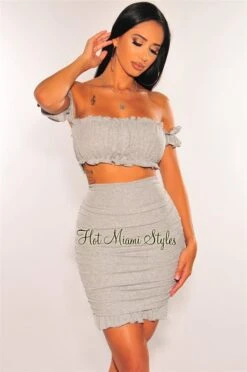 Light Heather Gray Off Shoulder Ruffle Ruched Skirt Two Piece Set
