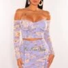 Lilac Floral Print Off Shoulder Padded Ruched Skirt Two Piece Set -rehab shop lilac floral print off shoulder padded ruched skirt two piece set hot miami styles 486557