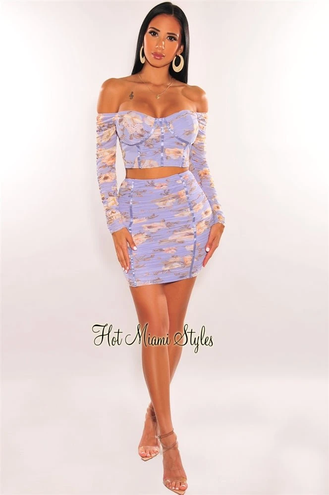 Lilac Floral Print Off Shoulder Padded Ruched Skirt Two Piece Set 5 Lilac Floral Print Off Shoulder Padded Ruched Skirt Two Piece Set - Image 3