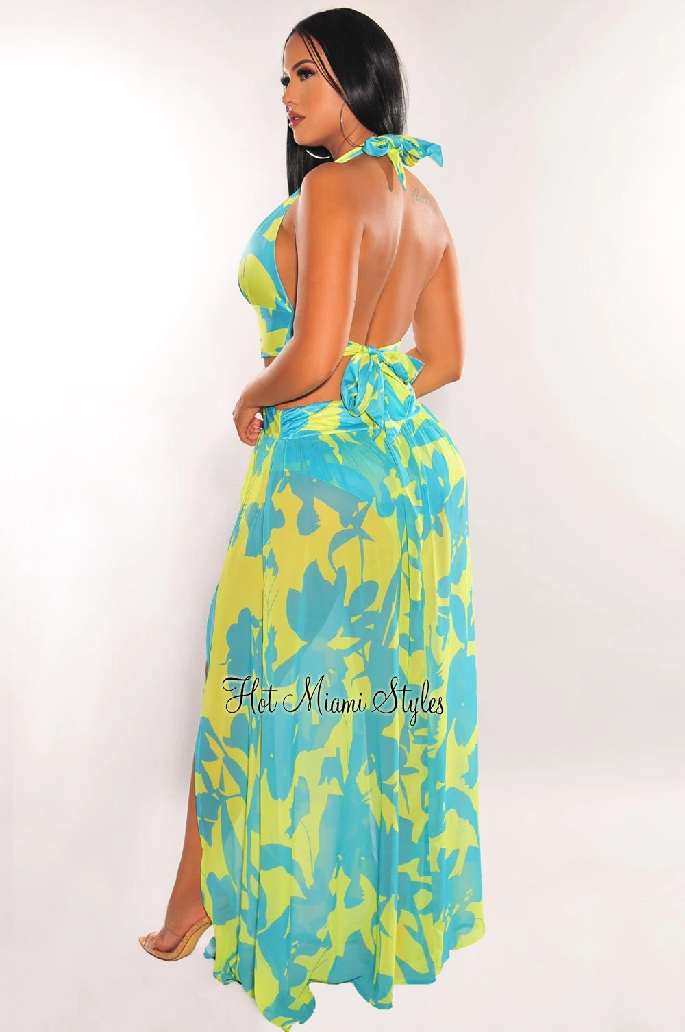Lime Blue Halter Tie Up Cut Out Double Slit Maxi Dress 4 Lime Blue Halter Tie Up Cut Out Double Slit Maxi Dress - Image 2