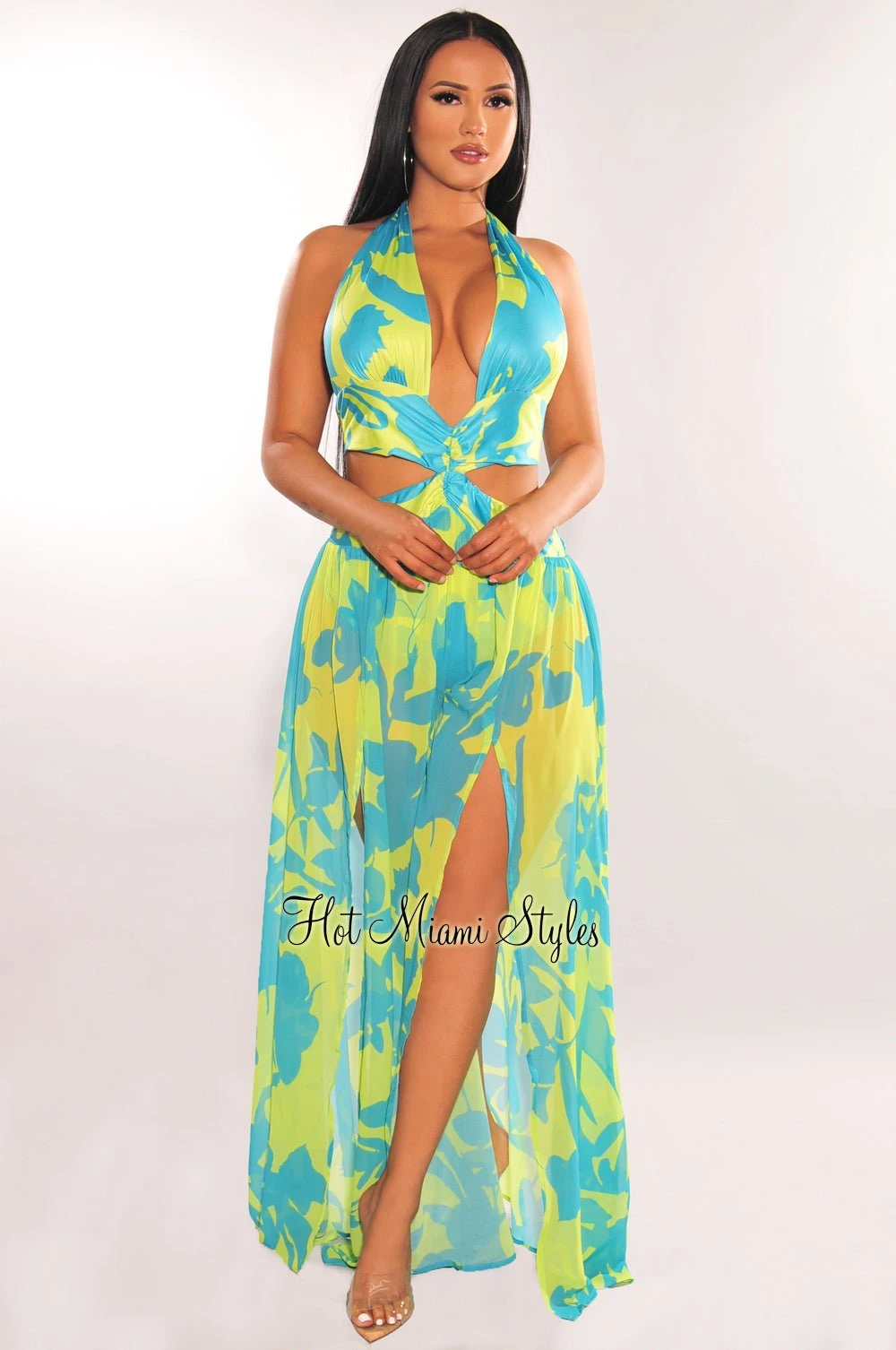 Lime Blue Halter Tie Up Cut Out Double Slit Maxi Dress 3 Lime Blue Halter Tie Up Cut Out Double Slit Maxi Dress