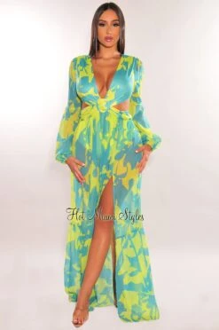 Lime Blue Print O-Ring Cut Out Long Sleeve Double Slit Maxi Dress