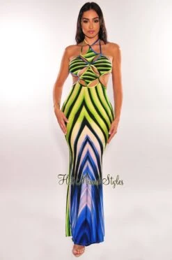 Lime Green Blue Print Halter Cut Out Tie Up Back Maxi Dress