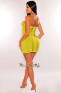 Lime Green Crochet Ladder Strapless Slit Top Skirt Two Piece Set -rehab shop lime green crochet ladder strapless slit top skirt two piece set hot miami styles 206146