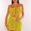 Lime Green Crochet Ladder Strapless Slit Top Skirt Two Piece Set