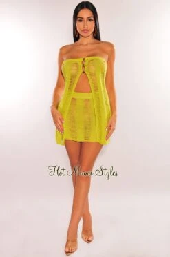 Lime Green Crochet Ladder Strapless Slit Top Skirt Two Piece Set -rehab shop lime green crochet ladder strapless slit top skirt two piece set hot miami styles 276817