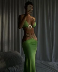 Lime Halter Silver O-Ring Strappy Double Slit Maxi Skirt Two Piece Set -rehab shop lime halter silver o ring strappy double slit maxi skirt two piece set hot miami styles 790786