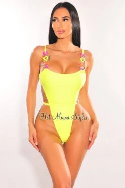 Lime Yellow Multi Color Chain Ultra High Cut Swimsuit