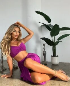 Magenta Gold Chain Padded Knotted Slit Skirt Two Piece Set -rehab shop magenta gold chain padded knotted slit skirt two piece set hot miami styles 299820