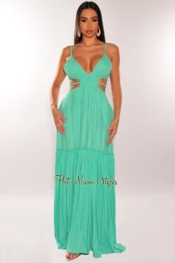 Mint Green V Neck Strappy Cut Out Maxi Dress