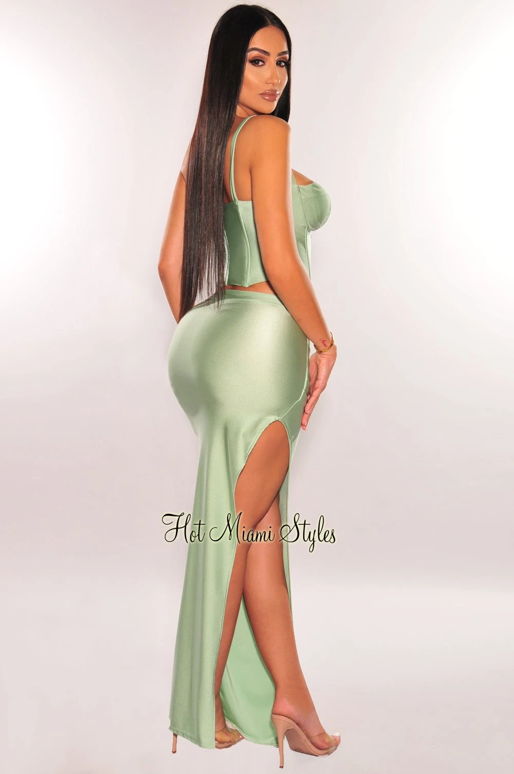 Mint Spaghetti Strap Padded Boned Corset Ruched Slit Skirt Two Piece Set 4 Mint Spaghetti Strap Padded Boned Corset Ruched Slit Skirt Two Piece Set - Image 2