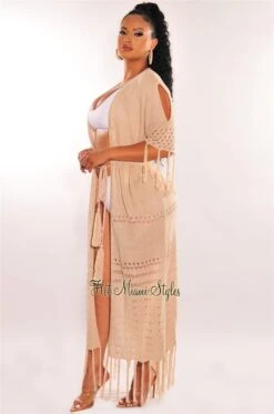 Mocha Crochet Fringe Belted Maxi Cover Up