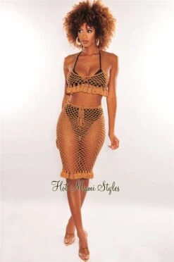 Mocha Crochet Halter Fringe Hem Skirt Two Piece Set Cover Up -rehab shop mocha crochet halter fringe hem skirt two piece set cover up hot miami styles 249667