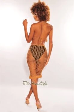 Mocha Crochet Halter Fringe Hem Skirt Two Piece Set Cover Up -rehab shop mocha crochet halter fringe hem skirt two piece set cover up hot miami styles 579168