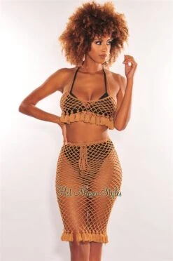 Mocha Crochet Halter Fringe Hem Skirt Two Piece Set Cover Up