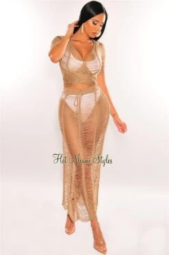 Mocha Crochet Knit Sheer Skirt Two Piece Set Cover Up
