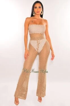 Mocha Crochet Strapless Lace Up Belted Palazzo Cover Up Jumpsuit -rehab shop mocha crochet strapless lace up belted palazzo cover up jumpsuit hot miami styles 494966