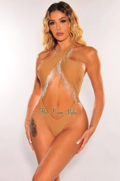 Mocha Fringe Rhinestones Cross Over High Cut Out Thong Swimsuit