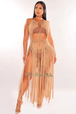 Mocha Halter Crochet Knit Fringe Open Back Tie Up Cover Up