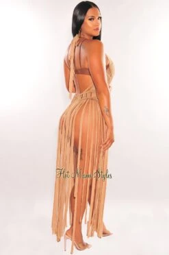rehab shop -rehab shop mocha halter crochet knit fringe open back tie up cover up hot miami styles 454559
