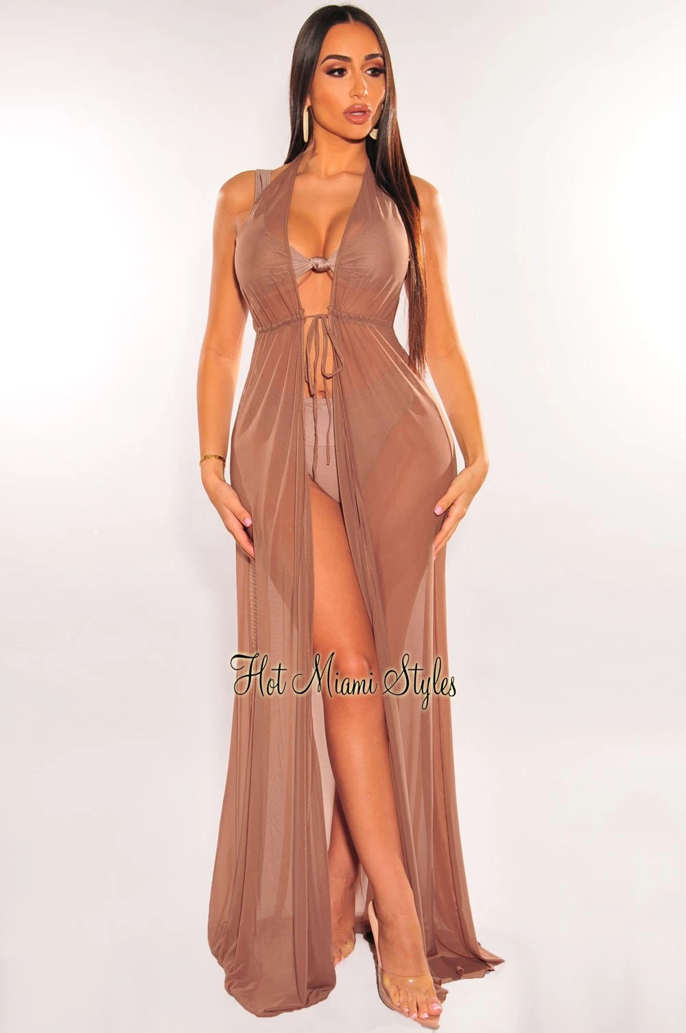 Mocha Mesh Halter Drawstring Open Back Maxi Cover Up 3 Mocha Mesh Halter Drawstring Open Back Maxi Cover Up