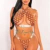 Mocha Polka Dot Crossover Rhinestone Buckle Bikini -rehab shop mocha polka dot crossover rhinestone buckle bikini hot miami styles 709048