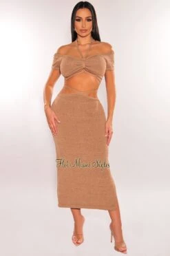 Mocha Ribbed Knit Halter Off Shoulder Wrap Around Slit Skirt Two Piece Set