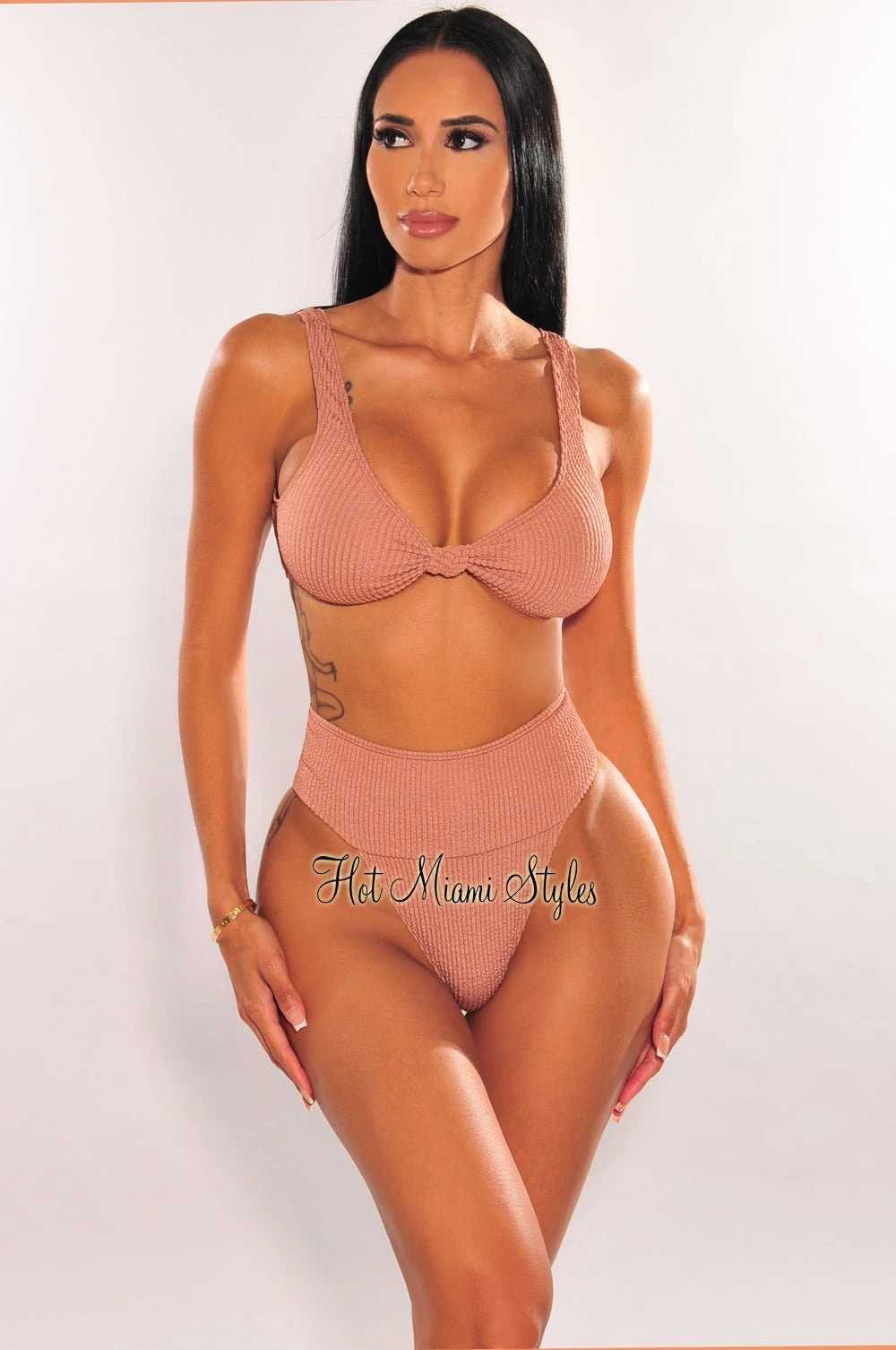 Mocha Textured Knotted High Rise Bikini 3 Mocha Textured Knotted High Rise Bikini