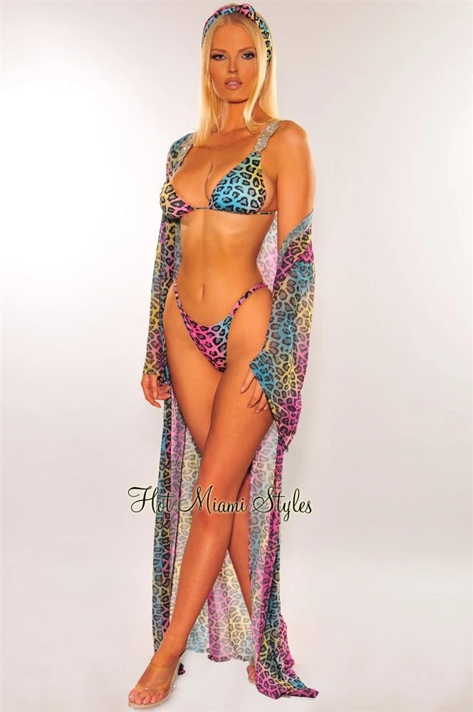 Multi Color Leopard Print Mesh Belted Cover Up 4 Multi Color Leopard Print Mesh Belted Cover Up - Image 2