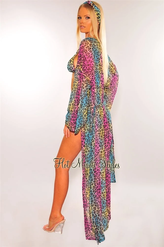 Multi Color Leopard Print Mesh Belted Cover Up 6 Multi Color Leopard Print Mesh Belted Cover Up - Image 4