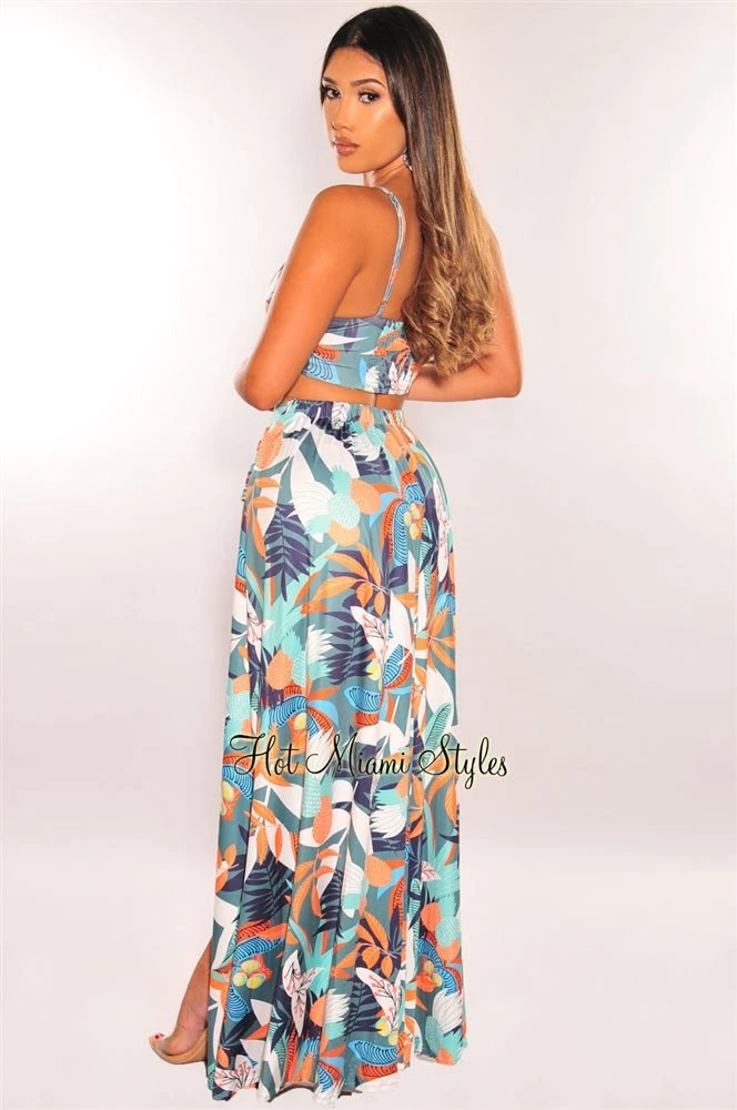 Multi Color Print Tie Up Belted Slit Maxi Skirt Two Piece Set 4 Multi Color Print Tie Up Belted Slit Maxi Skirt Two Piece Set - Image 2